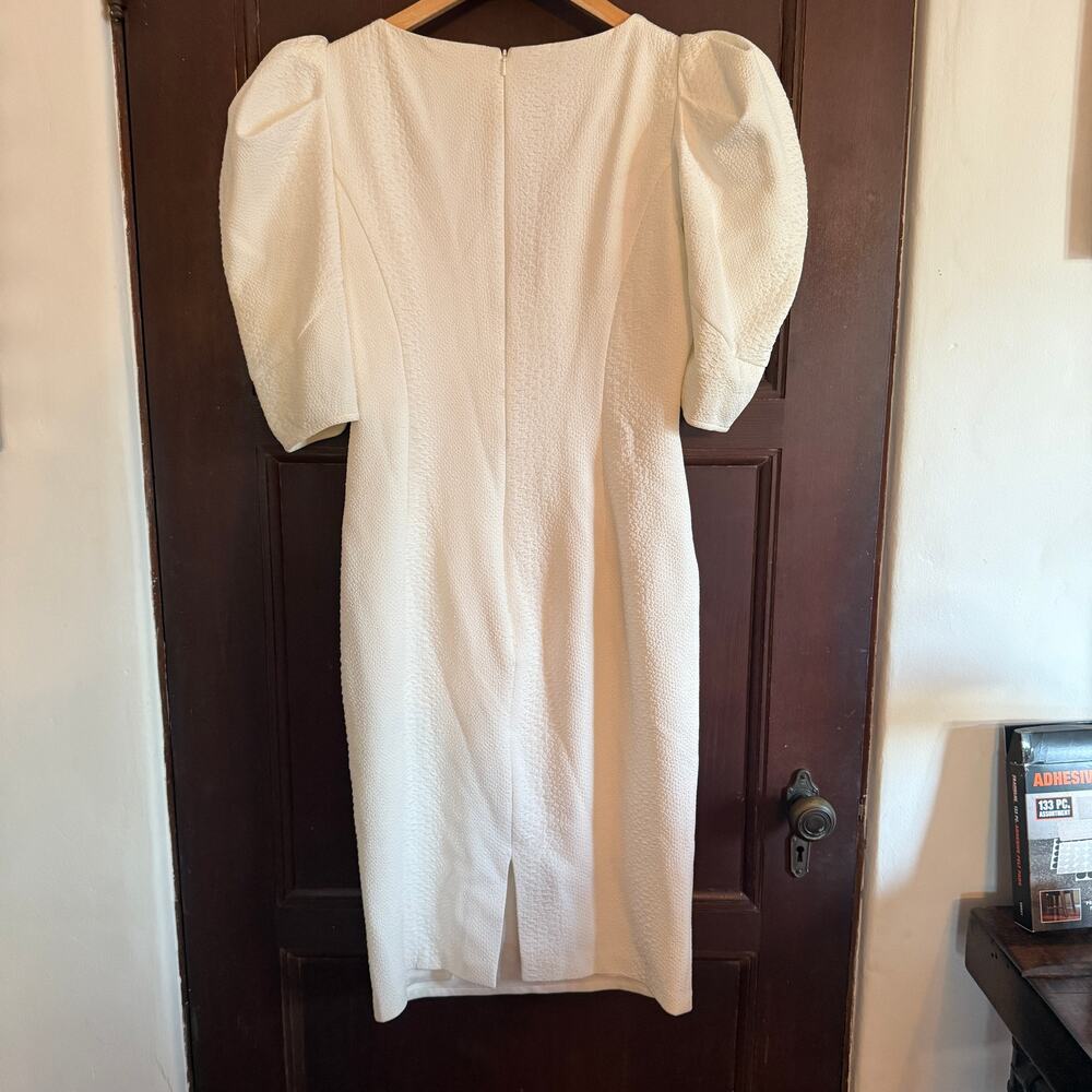 BARDOT | Fergie Textured Cream White Puff Sleeve Midi Sheath Dress | Medium - Picture 6 of 7